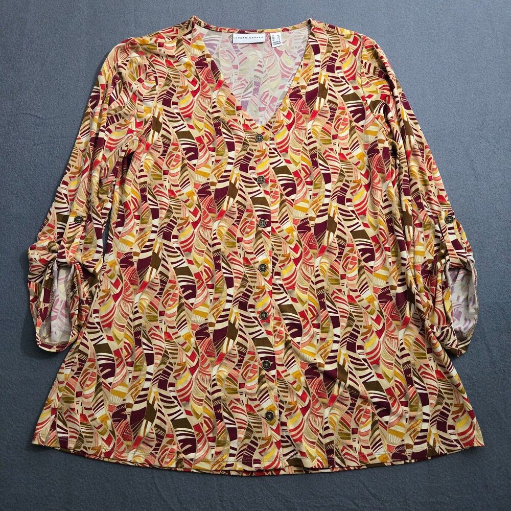 Susan Graver Shirt Women XS Printed Liquid Knit Tab Sleeve Top Button Front